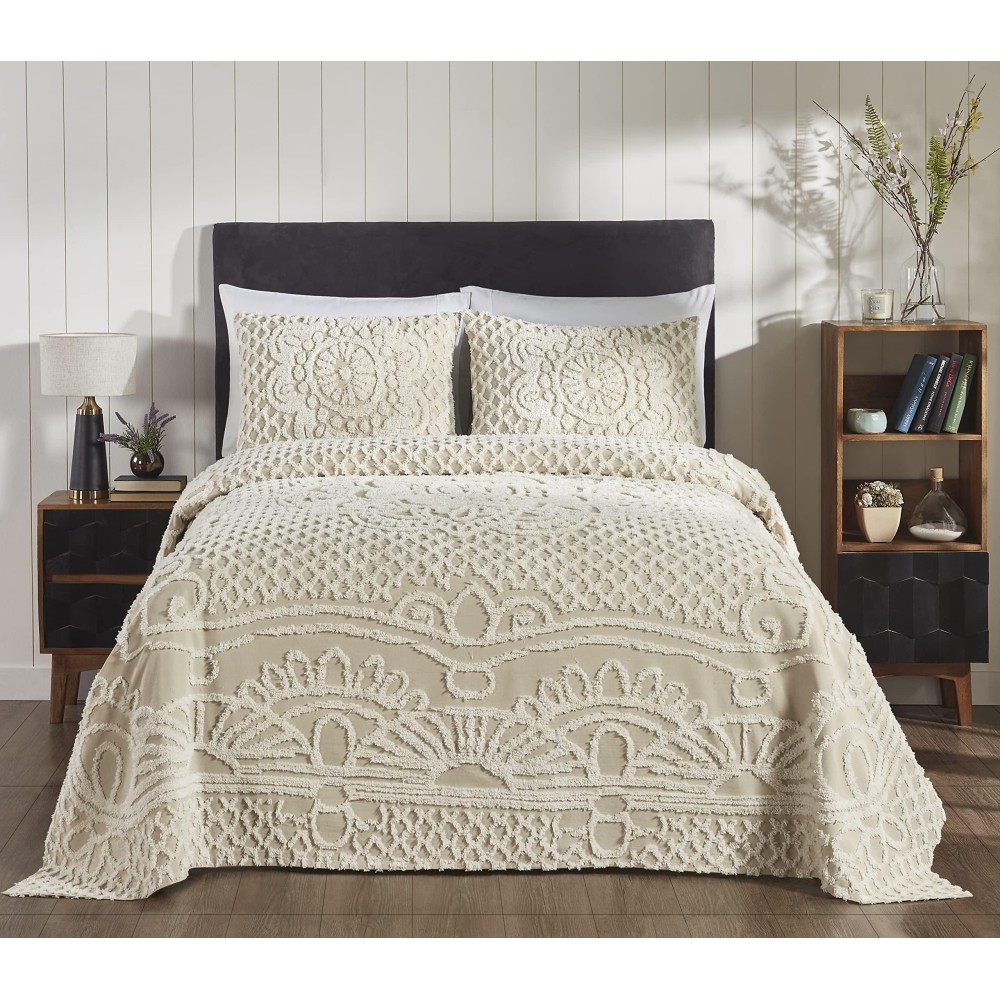 Better Trends chenille Bedspreads Set Twin Size Ardent collection Medallion Design in Beige Lightweight bedspreads 100 cott