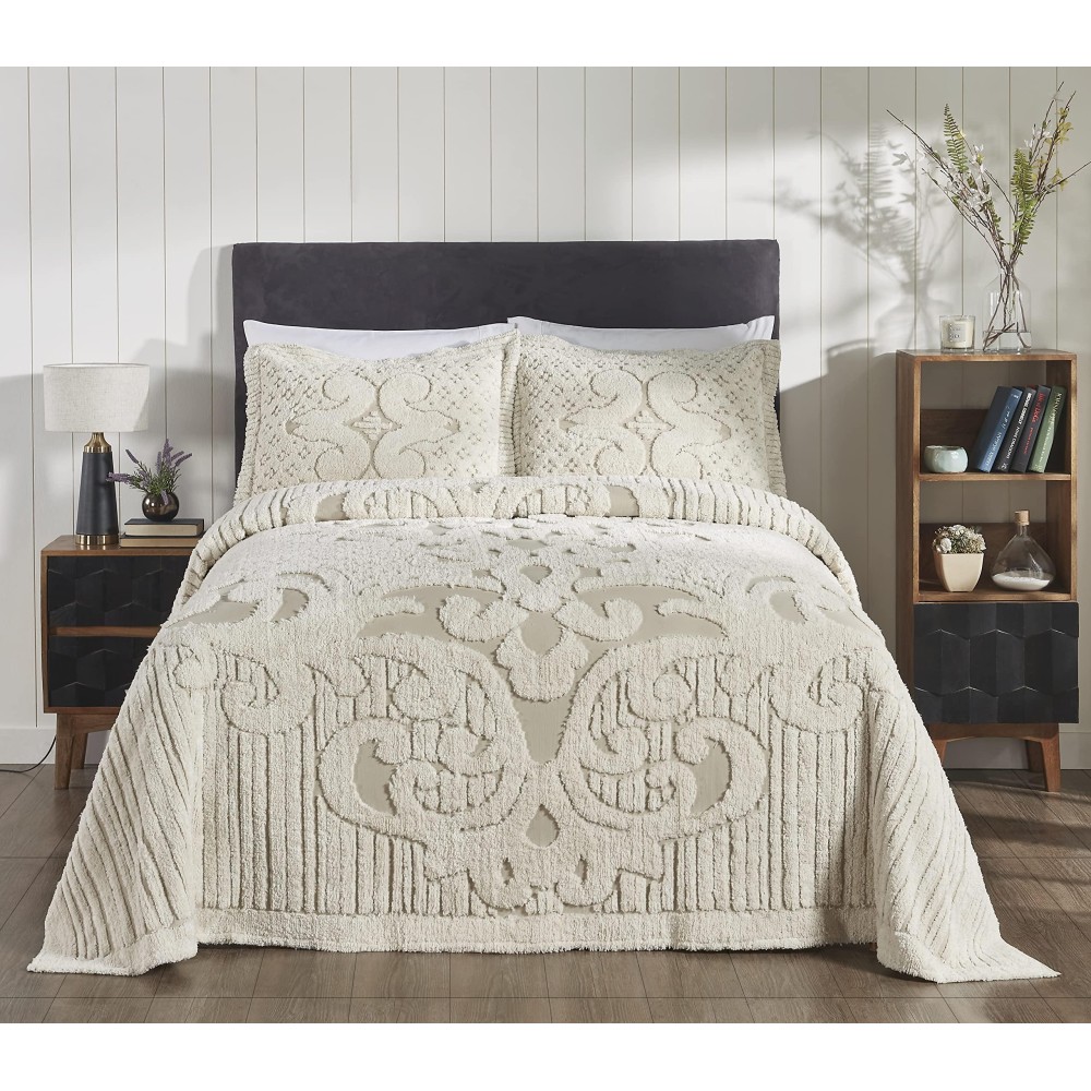 Better Trends Serenity collection 100 cotton chenille Bedspread Medallion Design Queen Size Floral Design Bed cover in Beige