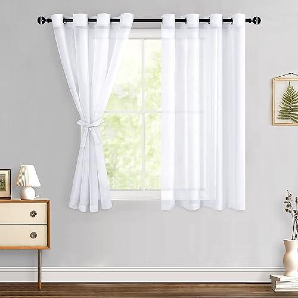 Hiasan White Sheer Curtains For Bedroom With Tiebacks Grommet Light Filtering Lightweight Voile Window Curtains For Living Room