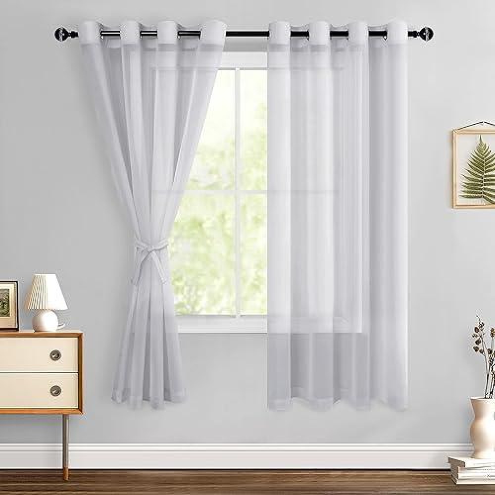 Hiasan Grey Sheer Curtains With Tiebacks Light Filtering Voile Textured Drape Lightweight Grommet Window Curtains For Bedroom