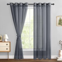 Hiasan Dark Grey Sheer Curtains 84 Inches Long With Tiebacks Light Filtering Airy Voile Textured Drapes Lightweight Window Curt