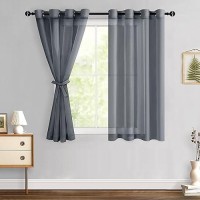 Hiasan Dark Grey Sheer Curtains For Bedroom With Tiebacks Light Filtering Voile Textured Drape Airy Breathable Grommet Window C