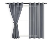 Hiasan Dark Grey Sheer Curtains For Bedroom With Tiebacks Light Filtering Voile Textured Drape Airy Breathable Grommet Window C