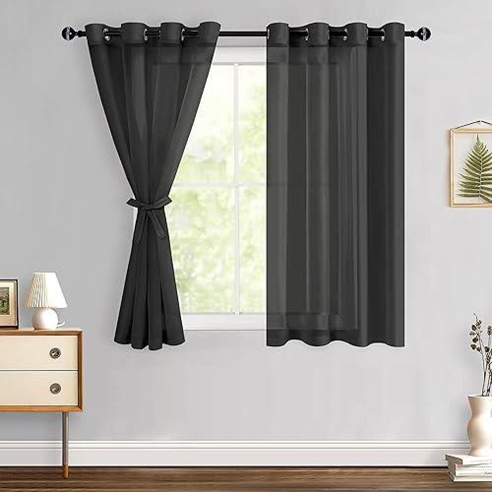 Hiasan Black Sheer Curtains For Bedroom With Tiebacks Grommet Light Filtering Lightweight Voile Window Curtains For Living Room