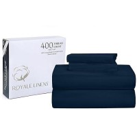 Royale Linens 400 Thread Count 100% American Grown Cotton 4 Piece Sateen Queen Sheet Set - 1 Fitted Sheet  1 Flat Sheet  2 Pillow Case - Navy Queen Bedsheet - Cotton Sheets - (Queen  Rivera Navy)