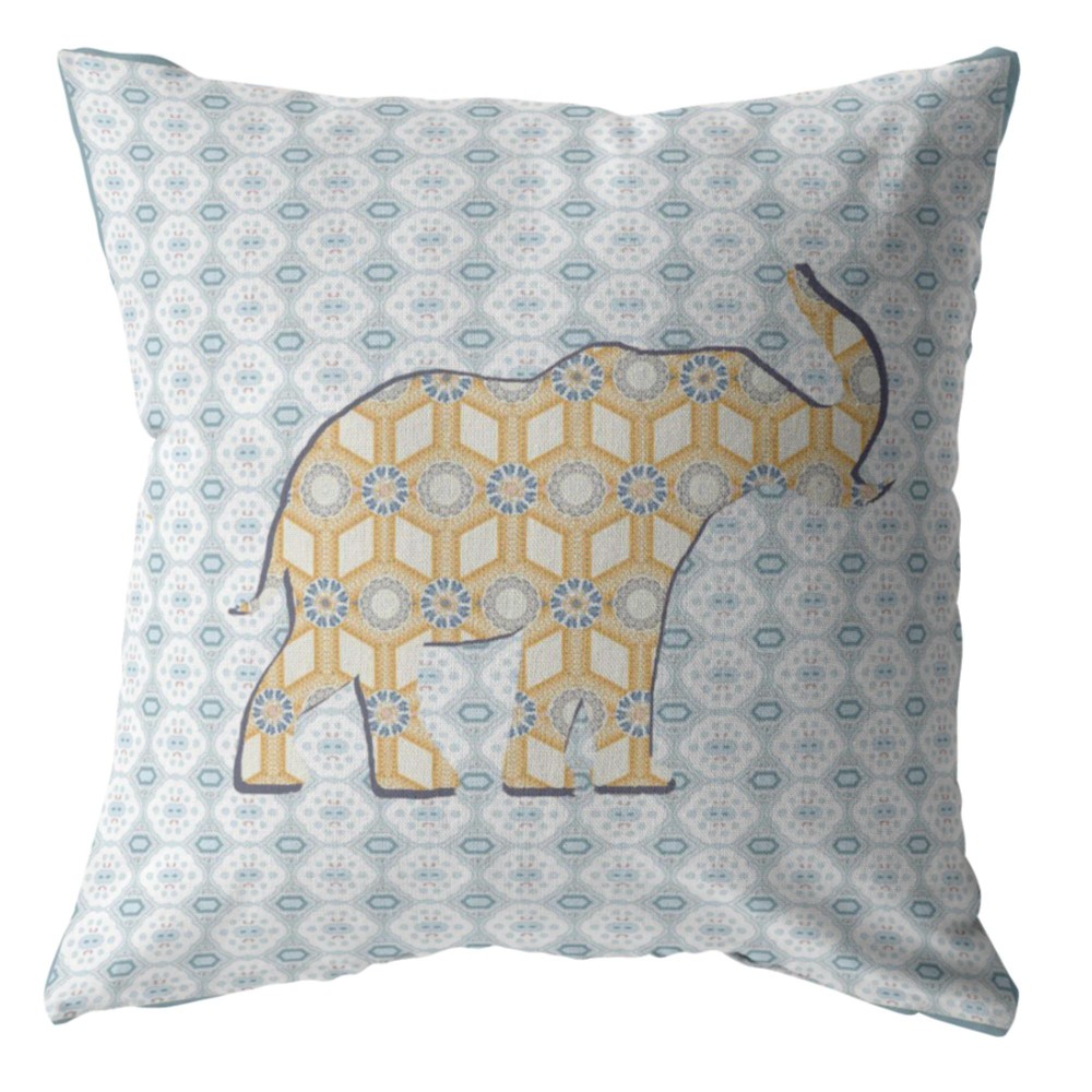 Elephant Silhouette Broadcloth Indoor Outdoor Blown And Closed Pillow Yellow On Light Blue