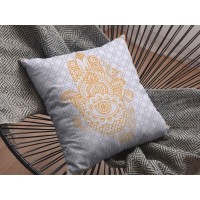 Hamsa Broadcloth Indoor Outdoor Blown And Closed Pillow Gold On Gray