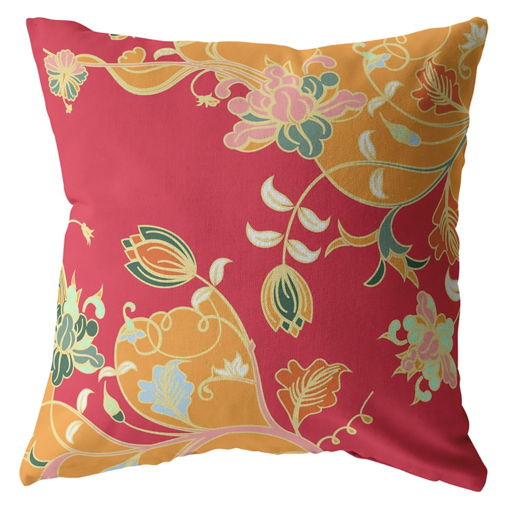 Carnation Garden Broadcloth Indoor Outdoor Blown And Closed Pillow Yellow On Red