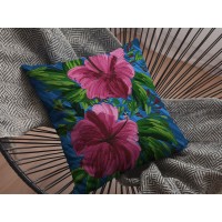 Hawaiian Flowers Broadcloth Indoor Outdoor Blown And Closed Pillow Hot Pink On Blue