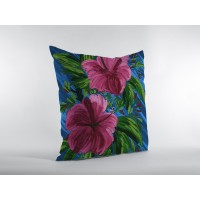 Hawaiian Flowers Broadcloth Indoor Outdoor Blown And Closed Pillow Hot Pink On Blue