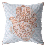 Hamsa Broadcloth Indoor Outdoor Blown And Closed Pillow Orange On Blue