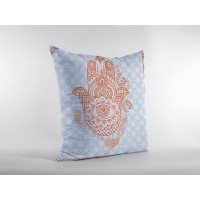 Hamsa Broadcloth Indoor Outdoor Blown And Closed Pillow Orange On Blue