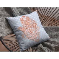 Hamsa Broadcloth Indoor Outdoor Blown And Closed Pillow Orange On Blue
