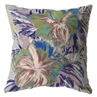 Hawaiian Flowers Broadcloth Indoor Outdoor Blown And Closed Pillow Green On Muted Purple