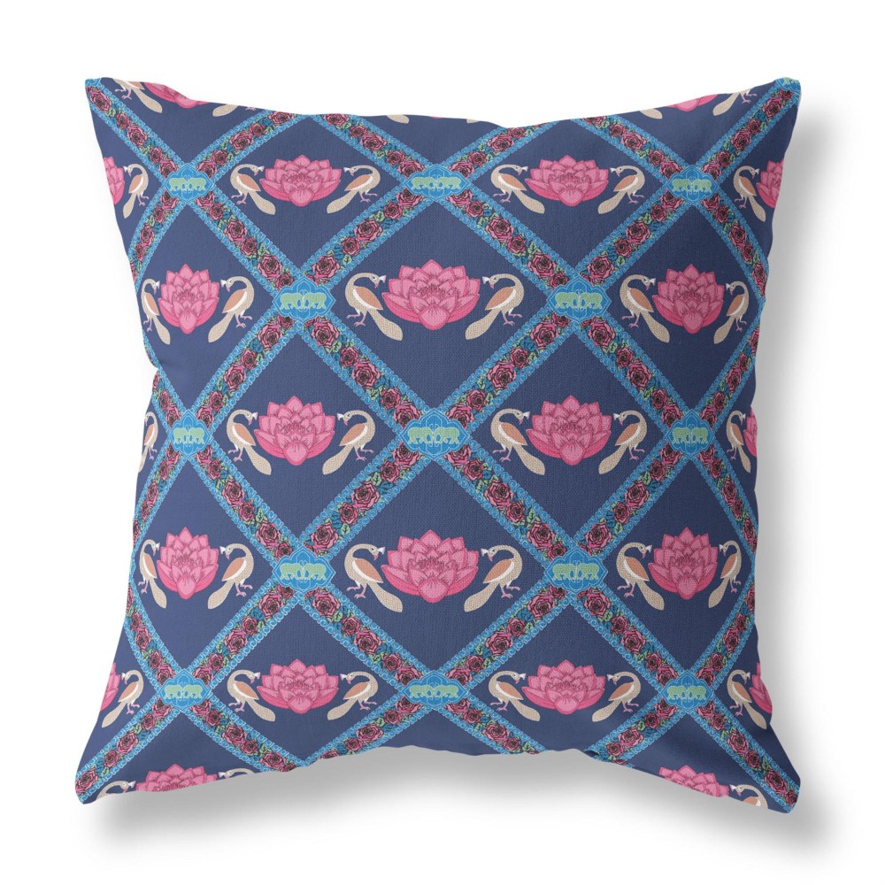 Lotus Peacock Rose Broadcloth Indoor Outdoor Blown And Closed Pillow Indigo Pink