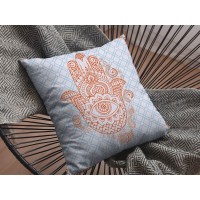 Hamsa Broadcloth Indoor Outdoor Zippered Pillow Orange On Blue