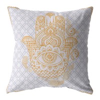 Hamsa Broadcloth Indoor Outdoor Zippered Pillow Gold On Gray