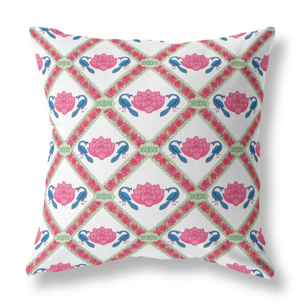 Lotus Peacock Rose Broadcloth Indoor Outdoor Blown And Closed Pillow Pink Blue White