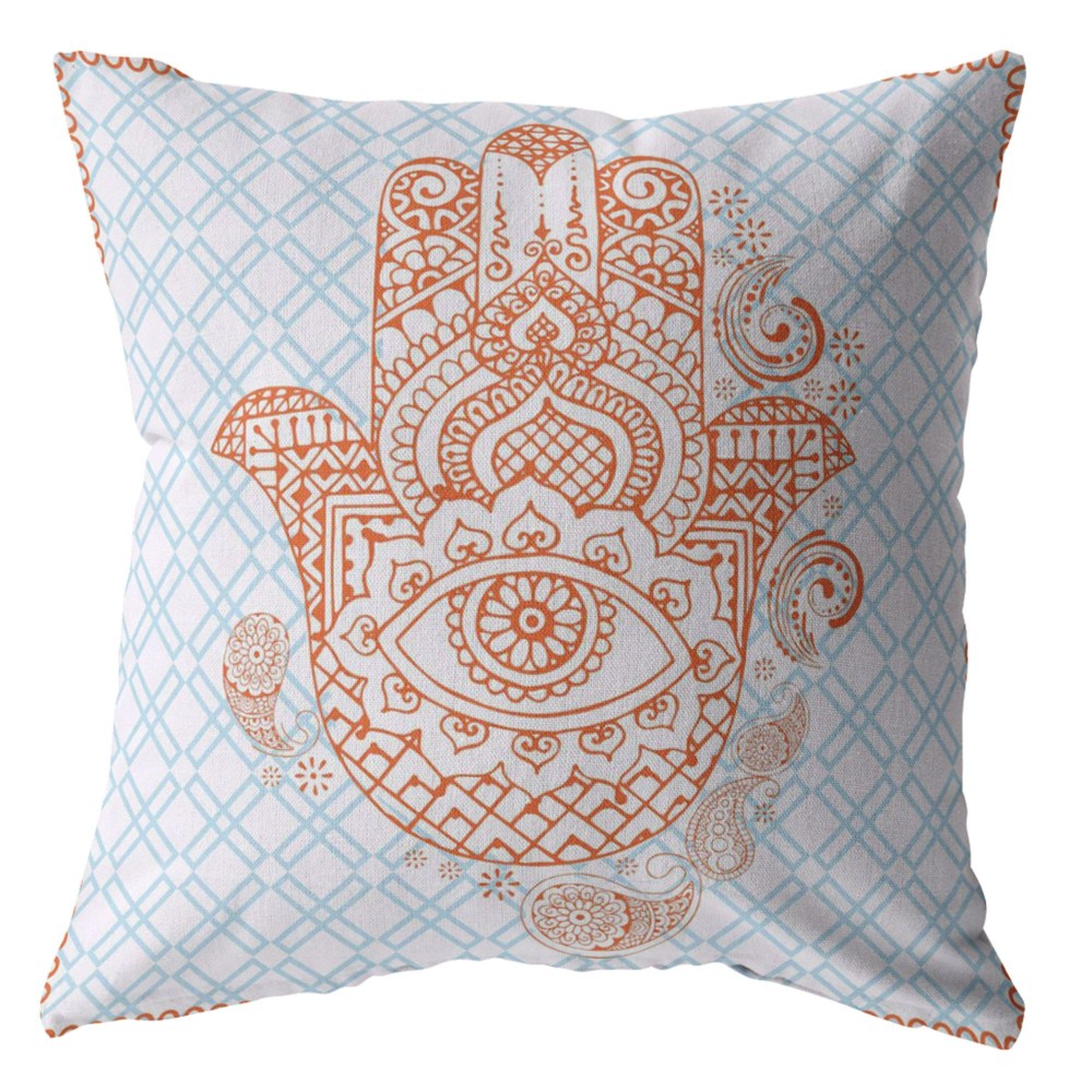 Hamsa Broadcloth Indoor Outdoor Zippered Pillow Orange On Blue