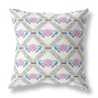 Lotus Peacock Rose Broadcloth Indoor Outdoor Zippered Pillow White Blue Gray