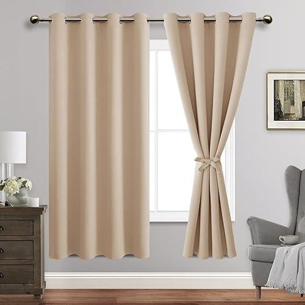 Jiuzhen Beige Blackout Curtains With Tiebacks Thermal Insulated Light Blocking And Noise Reducing Grommet Curtains For Bedroom