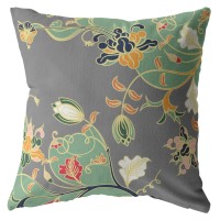 Carnation Garden Broadcloth Indoor Outdoor Zippered Pillow Orange Green On Gray