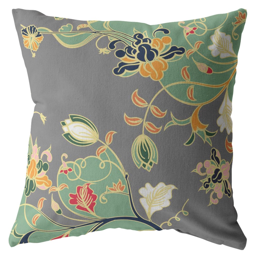 Carnation Garden Broadcloth Indoor Outdoor Blown And Closed Pillow Orange Green On Gray