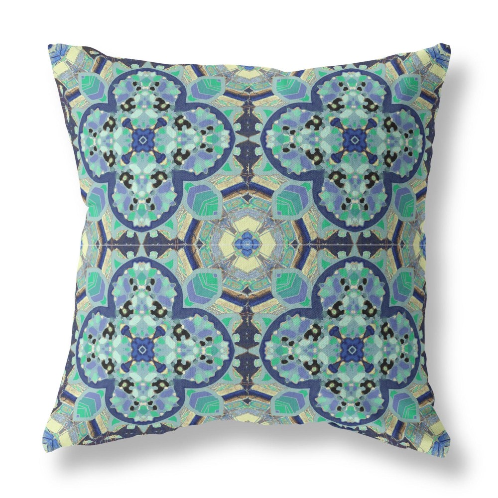 Clover Leaf Floral Broadcloth Indoor Outdoor Blown And Closed Pillow Aqua Indigo