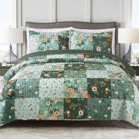 Exclusivo Mezcla Reversible Boho Quilt Set King Size 3 Pieces Patchwork Green All Season Bedspreads Ultra Soft Floral Coverlet