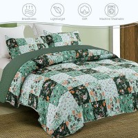 Exclusivo Mezcla Reversible Boho Quilt Set King Size 3 Pieces Patchwork Green All Season Bedspreads Ultra Soft Floral Coverlet