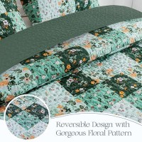 Exclusivo Mezcla Reversible Boho Quilt Set King Size 3 Pieces Patchwork Green All Season Bedspreads Ultra Soft Floral Coverlet