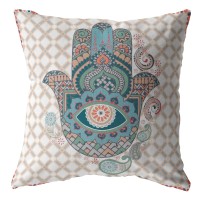 Hamsa Broadcloth Indoor Outdoor Blown And Closed Pillow Muted Blue On Orange