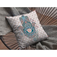 Hamsa Broadcloth Indoor Outdoor Blown And Closed Pillow Muted Blue On Orange