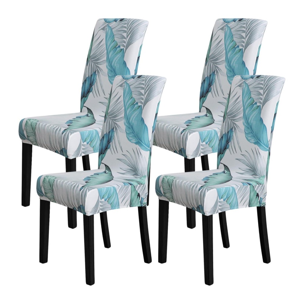 Forcheer Pattern Stretch Chair Covers For Dining Room Set Of 4,Printed Stretchable Dining Chair Slipcover Washable Removable For Kitchen,Hotel,Restaurant,Ceremony Universal Size(4Pcs,Leaf Blue)