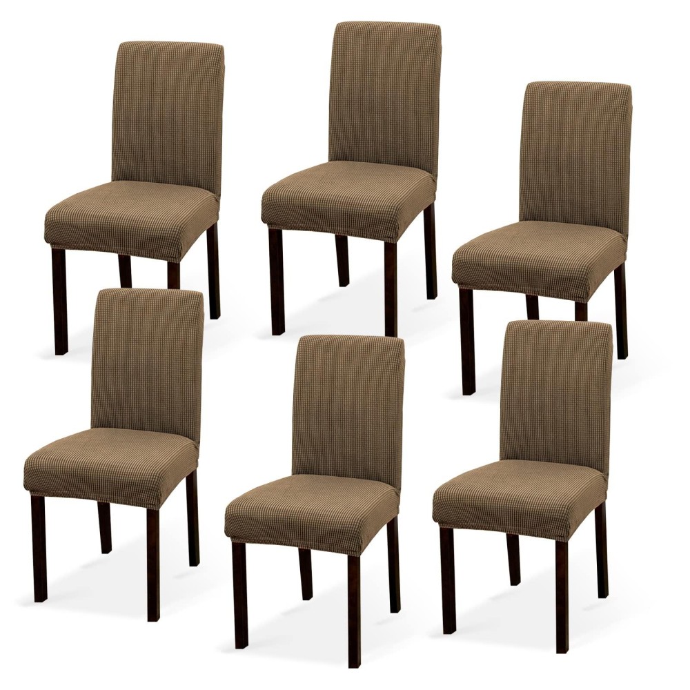 Argstar 6 Pack Jacquard Dining Chair Covers, Stretch Armless Chair Slipcover For Dining Room Seat Cushion, Spandex Kitchen Parson Chair Protector Cover, Removable & Washable, Jacquard Light Brown