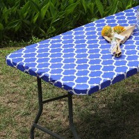Smiry Rectangle Picnic Tablecloth, Waterproof Elastic Fitted Table Covers For 6 Foot Tables, Wipeable Flannel Backed Vinyl Tablecloths For Camping, Indoor, Outdoor (Blue Morocco, 30X72 Inches)