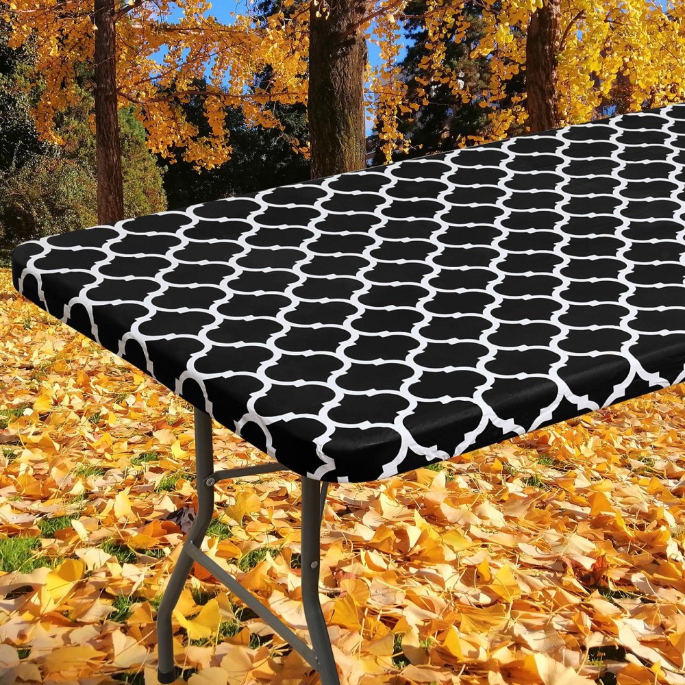 Smiry Rectangle Picnic Tablecloth, Waterproof Elastic Fitted Table Covers For 4 Foot Tables, Wipeable Flannel Backed Vinyl Tablecloths For Camping, Indoor, Outdoor (Black Morocco, 30X48 Inches)