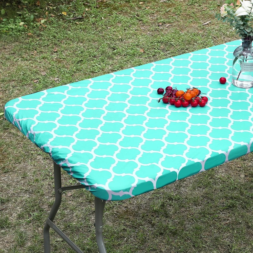 Smiry Rectangle Picnic Tablecloth, Waterproof Elastic Fitted Table Covers For 6 Foot Tables, Wipeable Flannel Backed Vinyl Tablecloths For Camping, Indoor, Outdoor (Teal Morocco, 30X72 Inches)