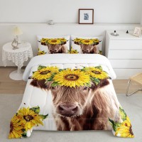 Homewish Highland Cattle Comforter Twin Size Cow With Sunflower Print Bedding Comforter Set 2Pcs Floral Cattle Duvet Insert Anim