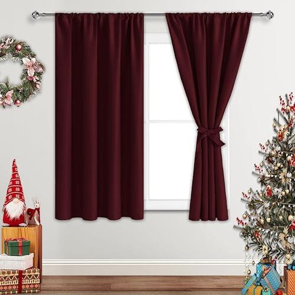 Jiuzhen Burgundy Blackout Curtains For Bedroom Thermal Insulated Light Blocking Curtains Rod Pocket Curtains For Nursery Room