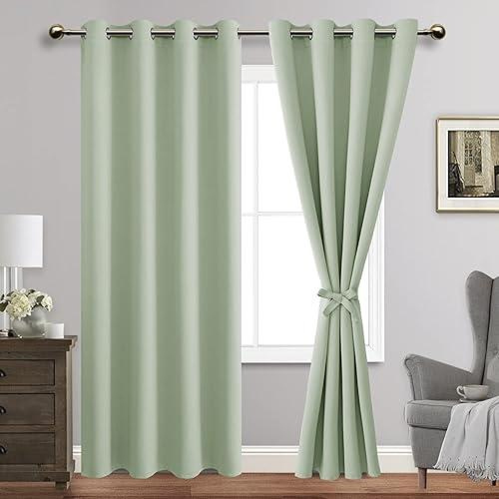 Jiuzhen Light Green Blackout Curtains With Tiebacksthermal Insulated Light Blocking And Noise Reducing Grommet Curtain Drapes