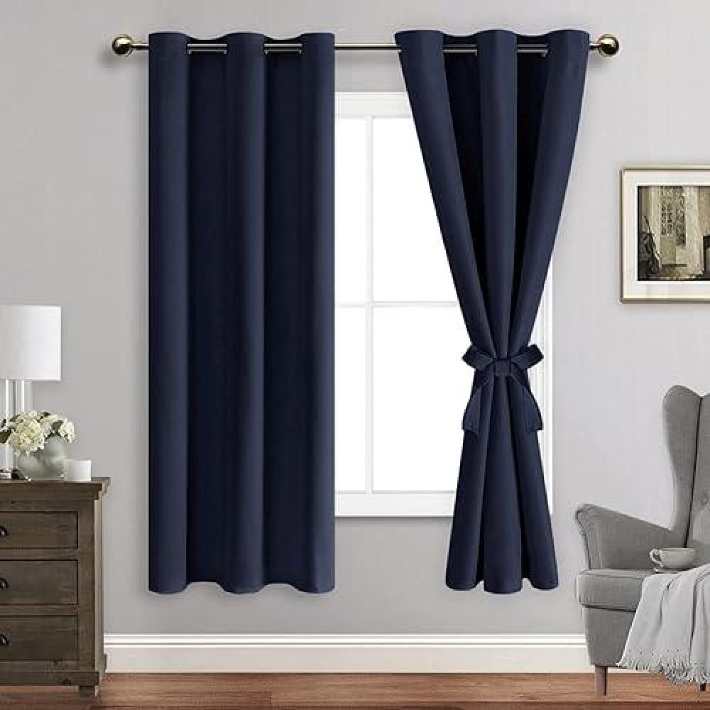 Jiuzhen Navy Blackout Curtains With Tiebacks Thermal Insulated Light Blockingnoise Reducing Grommet Curtain Drapes For Bedro