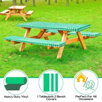 Linpro 6Ft Vinyl Fitted Picnic Table Cover With Bench Covers. Outdoor Checkered Picnic Tablecloth For Camper And Rv Accessories. 3 Piece Set Camping Essentials. Waterproof, With Elastic Edges. 72