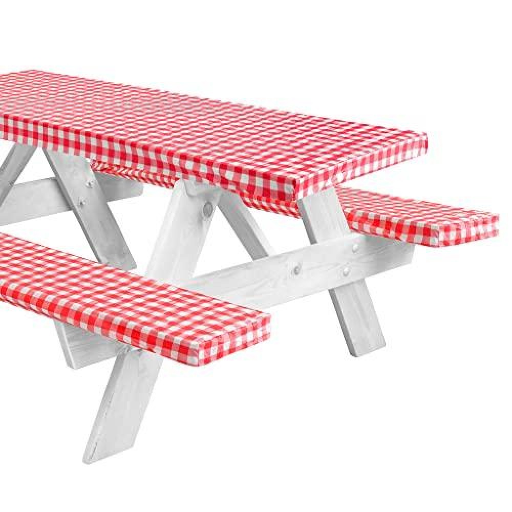 Linpro 8Ft Fitted Picnic Table Cover With Bench Covers. Outdoor Picnic Tablecloth 3 Piece Set. Camping Accessories And Travel Essentials. Waterproof, Reusable. Flannel Backing With Elastic Edges. 96