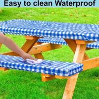 Linpro 6Ft Vinyl Fitted Picnic Table Cover With Bench Covers - Camper And Travel Accessories - Checkered Outdoor Picnic Tablecloth And Seat Covers With Elastic Edges Waterproof 3 Pc Set For Patio 72