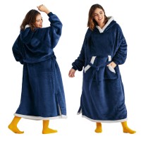 Bedsure Ovesized Wearable Blanket Hoodie Long Sherpa Fleece Blanket Sweatshirt With Warm Big Hood Side Split And Belt Navy