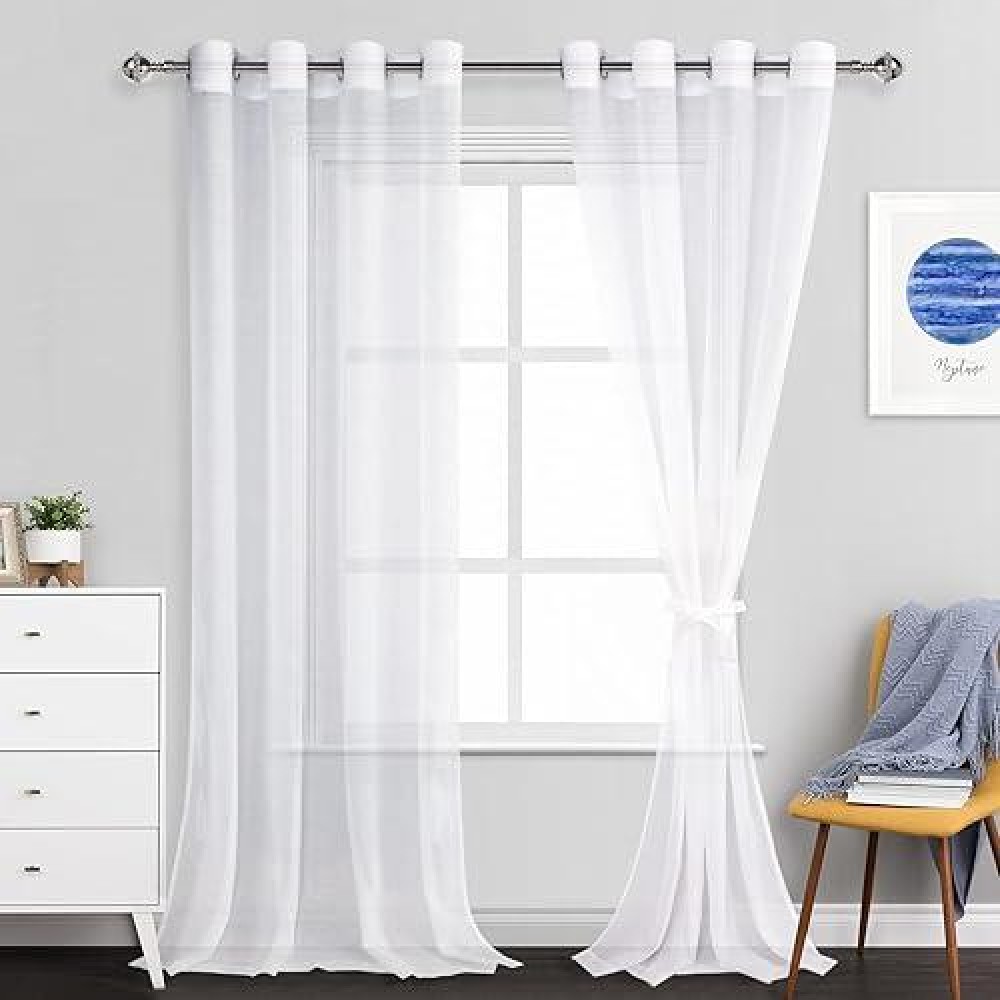 Jiuzhen White Sheer Curtains 108 Inches Long Extra Long Light Filtering Semi Transparent Grommet Window Curtains For Living Roo