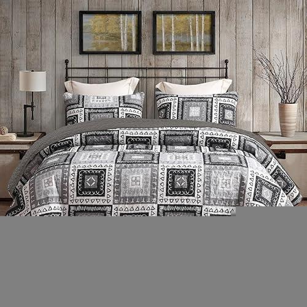 Exclusivo Mezcla Reversible Boho Quilt Set King Size 3 Pieces Patchwork Black All Season Bedspreads Ultra Soft Floral Coverlet