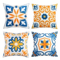 Outdoor Waterproof Throw Pillow Covers Set Of 4 Floral Printed And Boho Farmhouse Outdoor Pillow Covers For Patio Funiture Garden 18X18 Inch Yellow