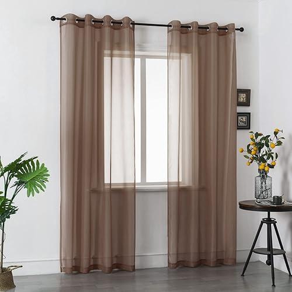 Dualife Chocoalate Brown Sheer Curtains 108 Inches Long Voile Panels Drapes Grommet Curtain Sheers For Living Room Transparent B